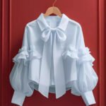 Black white pre-fall new ruffle top feminine French unique beautiful green bow long sleeve shirt