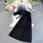 Fashion suit, women's high-end sense gradient color Miyake fungus side waist top two-piece set high-waisted pleated skirt