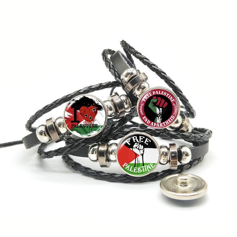 主图-1 Palestine Flag Bracelet Alloy Time Gemstone Snap Closure Braided Leather Rope Bracelet