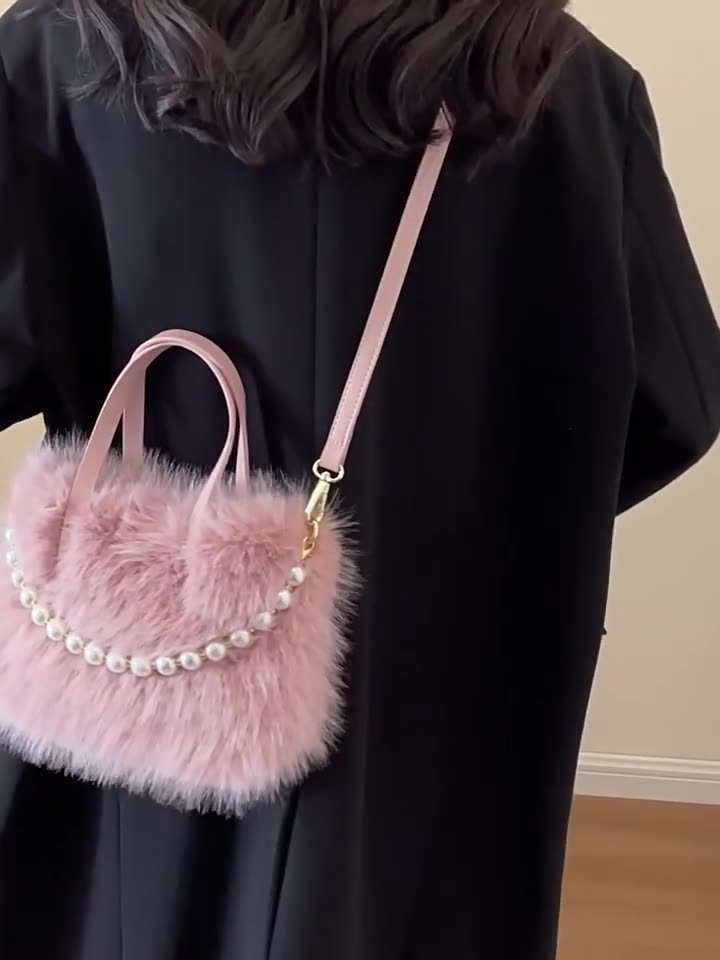 主图-1 Furry tote bag 2025 new fashion pearl fur small square bag autumn and winter texture ladies crossbody bag - Image 2