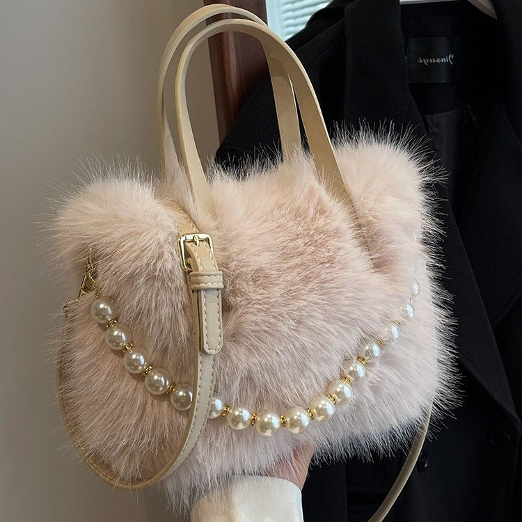 主图-2 Furry tote bag 2025 new fashion pearl fur small square bag autumn and winter texture ladies crossbody bag - Image 11
