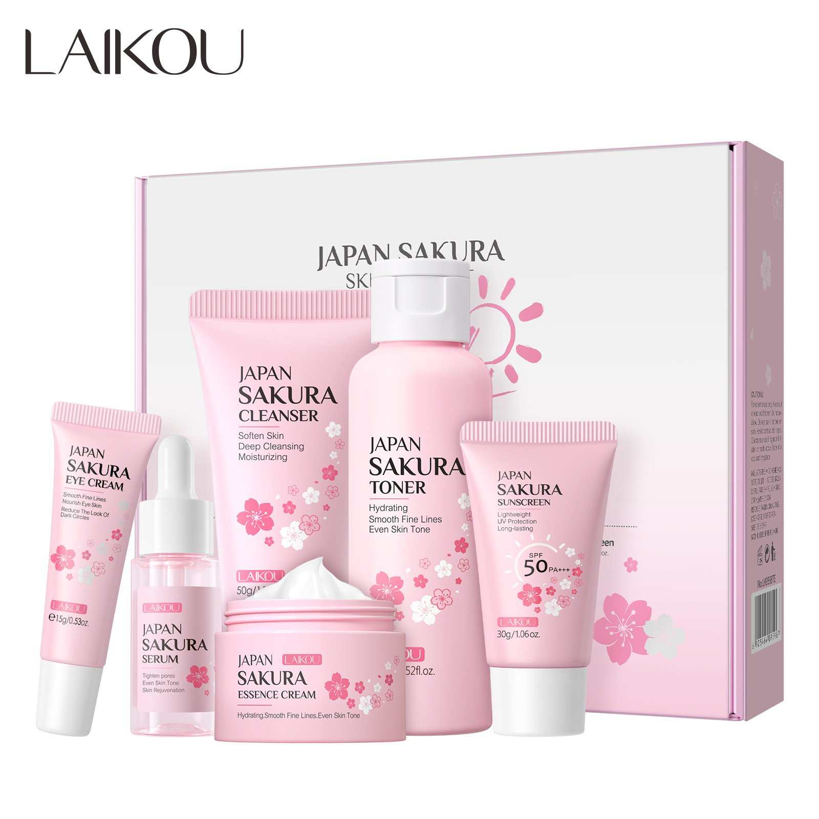 主图-2 LAIKOU Sakura Skincare Six Piece Cleansing, Serum, Eye Cream, Cream, Toner, Sunscreen. - Image 2