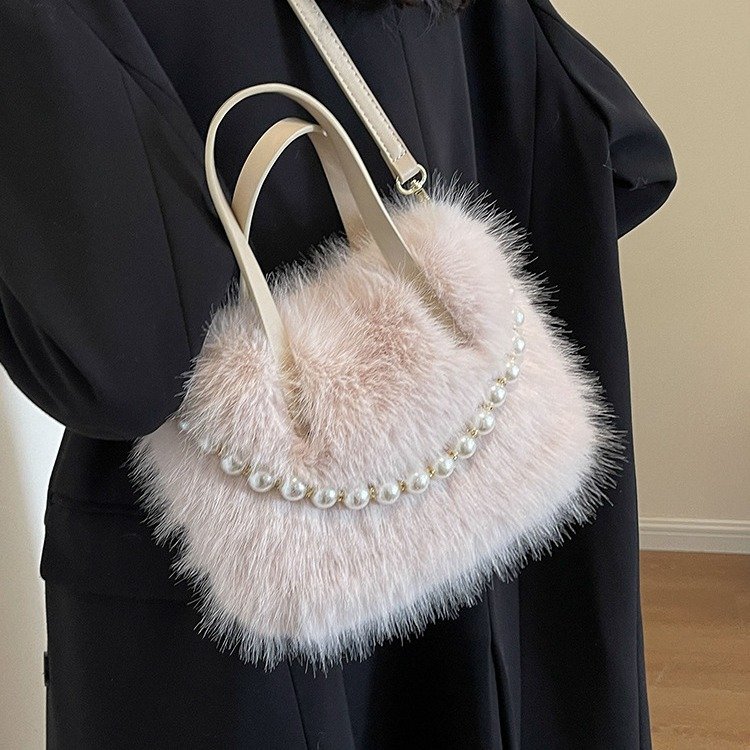 主图-3 Furry tote bag 2025 new fashion pearl fur small square bag autumn and winter texture ladies crossbody bag - Image 10