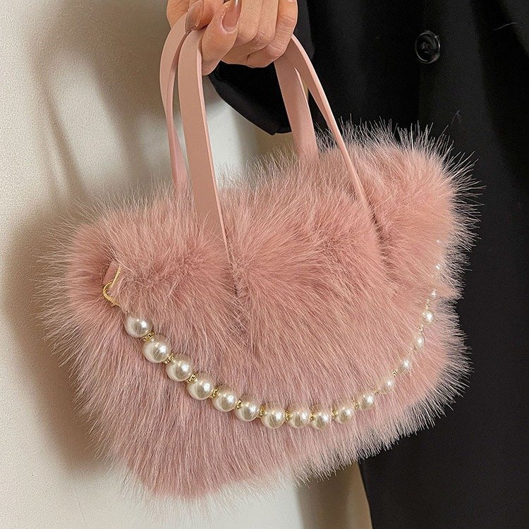 主图-4 Furry tote bag 2025 new fashion pearl fur small square bag autumn and winter texture ladies crossbody bag - Image 9