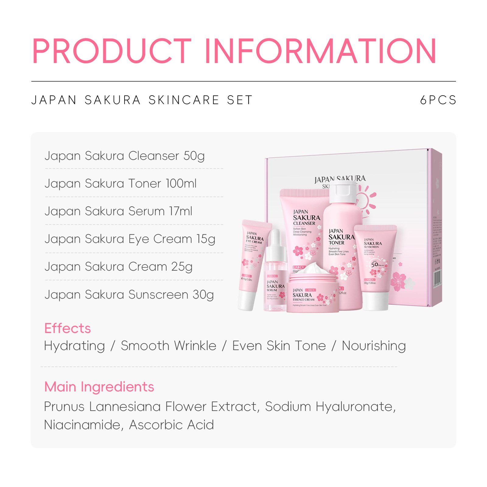 主图-4 LAIKOU Sakura Skincare Six Piece Cleansing, Serum, Eye Cream, Cream, Toner, Sunscreen. - Image 4