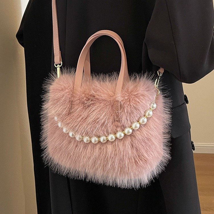 主图-5 Furry tote bag 2025 new fashion pearl fur small square bag autumn and winter texture ladies crossbody bag - Image 8