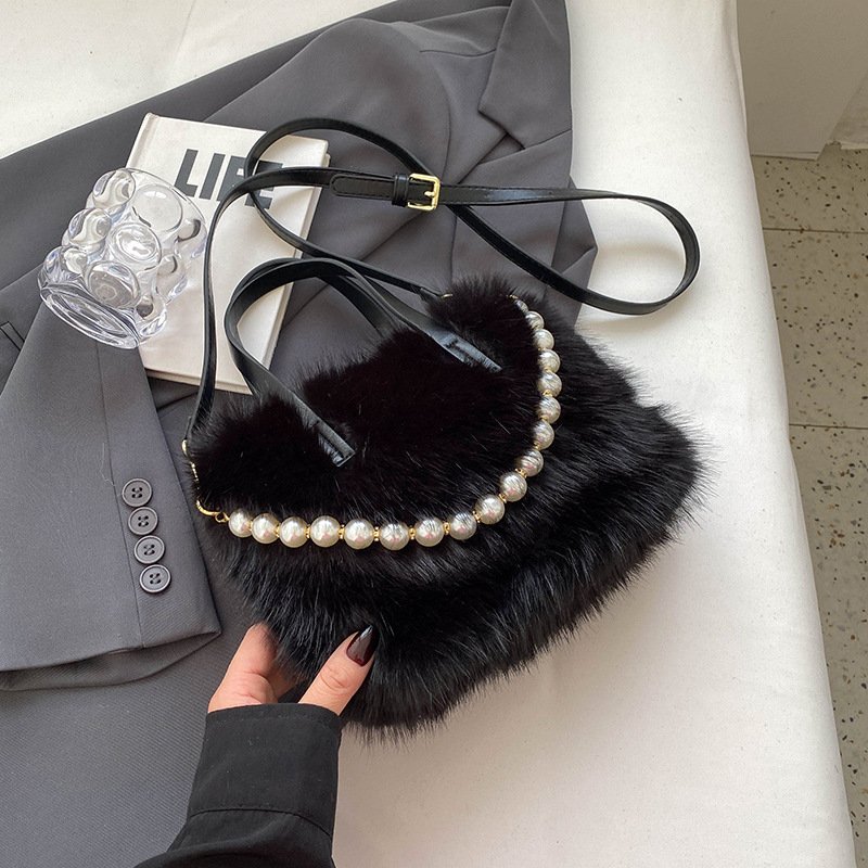 主图-7 Furry tote bag 2025 new fashion pearl fur small square bag autumn and winter texture ladies crossbody bag - Image 6