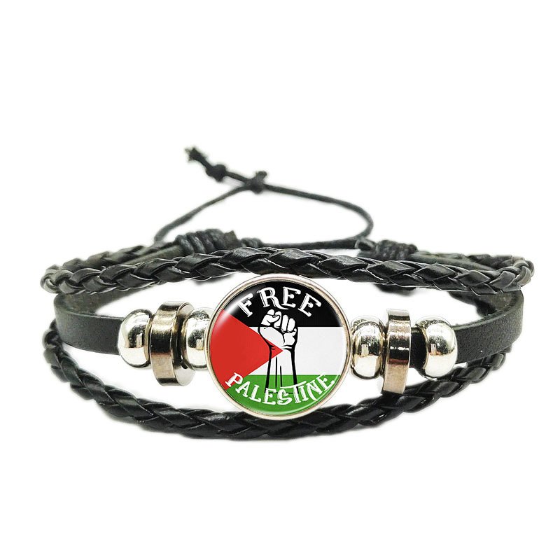 巴勒斯坦1 Palestine Flag Bracelet Alloy Time Gemstone Snap Closure Braided Leather Rope Bracelet - Image 5