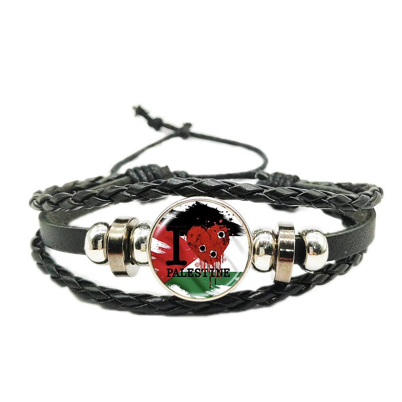 巴勒斯坦3 Palestine Flag Bracelet Alloy Time Gemstone Snap Closure Braided Leather Rope Bracelet - Image 3