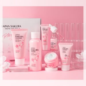 LAIKOU Sakura Skincare Six Piece Cleansing, Serum, Eye Cream, Cream, Toner, Sunscreen.