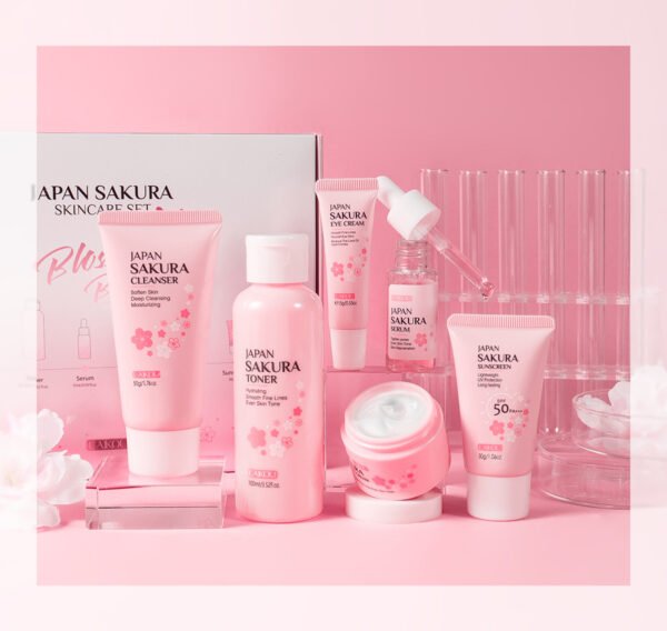 LAIKOU Sakura Skincare Six Piece Cleansing, Serum, Eye Cream, Cream, Toner, Sunscreen.