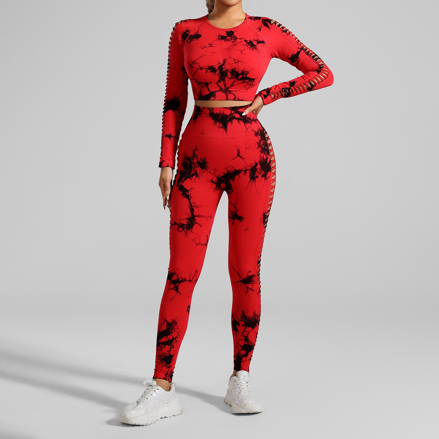 Black and red Tie-Dye Seamless Yoga Set | Long Sleeve Top + High-Waisted Hip Lift Leggings • Euro-US Gym Chic - Image 8