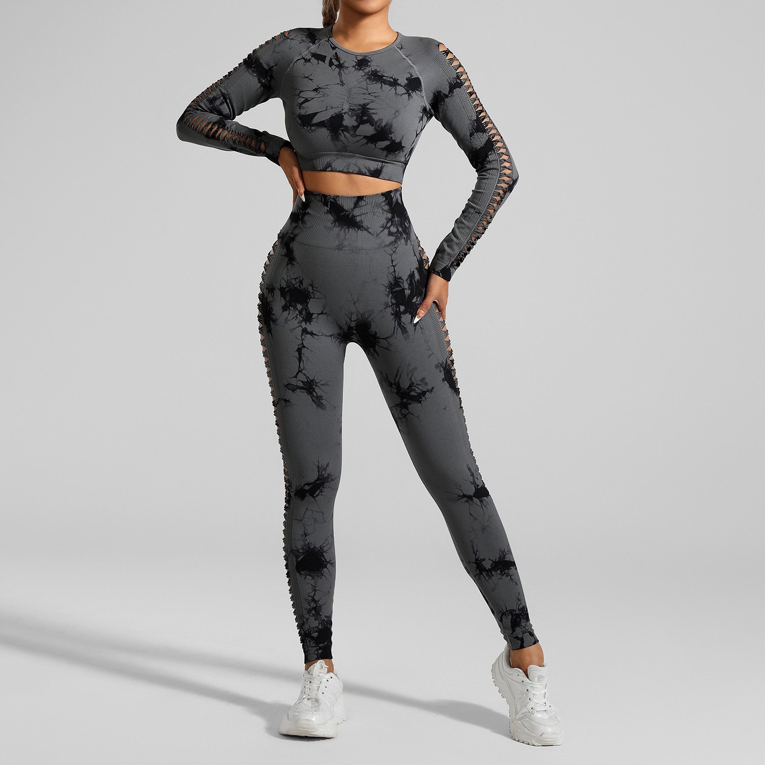 Black ash Tie-Dye Seamless Yoga Set | Long Sleeve Top + High-Waisted Hip Lift Leggings • Euro-US Gym Chic - Image 4