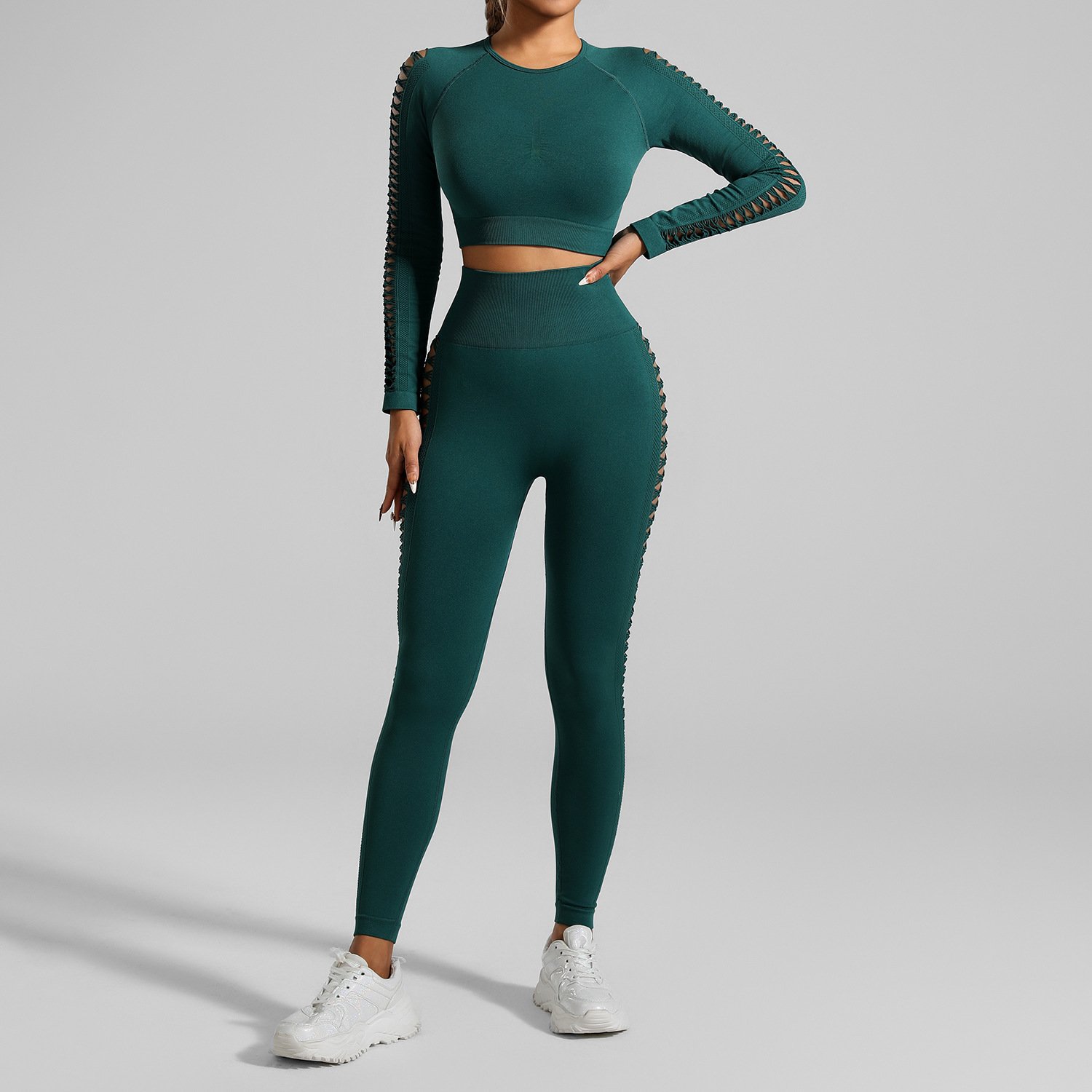 Dark green Tie-Dye Seamless Yoga Set | Long Sleeve Top + High-Waisted Hip Lift Leggings • Euro-US Gym Chic - Image 11