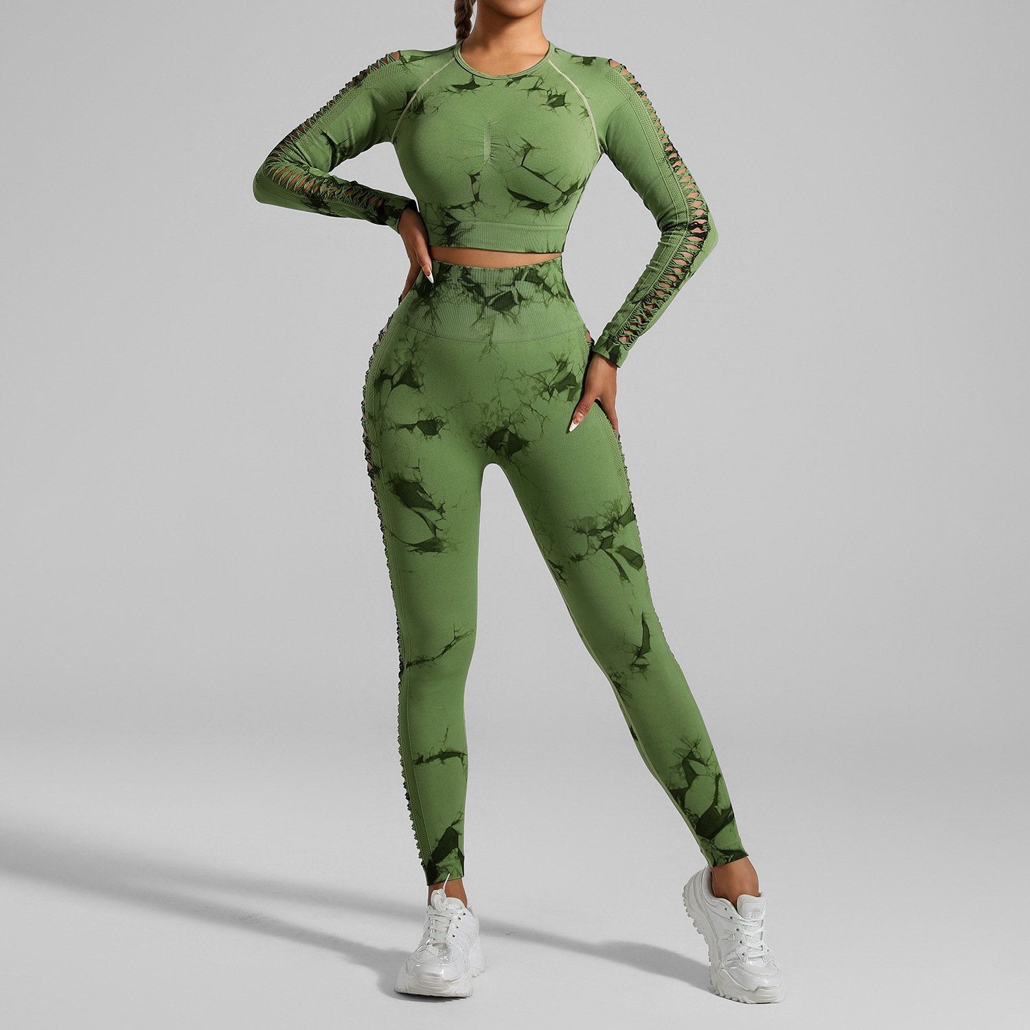 Grass green Tie-Dye Seamless Yoga Set | Long Sleeve Top + High-Waisted Hip Lift Leggings • Euro-US Gym Chic - Image 5