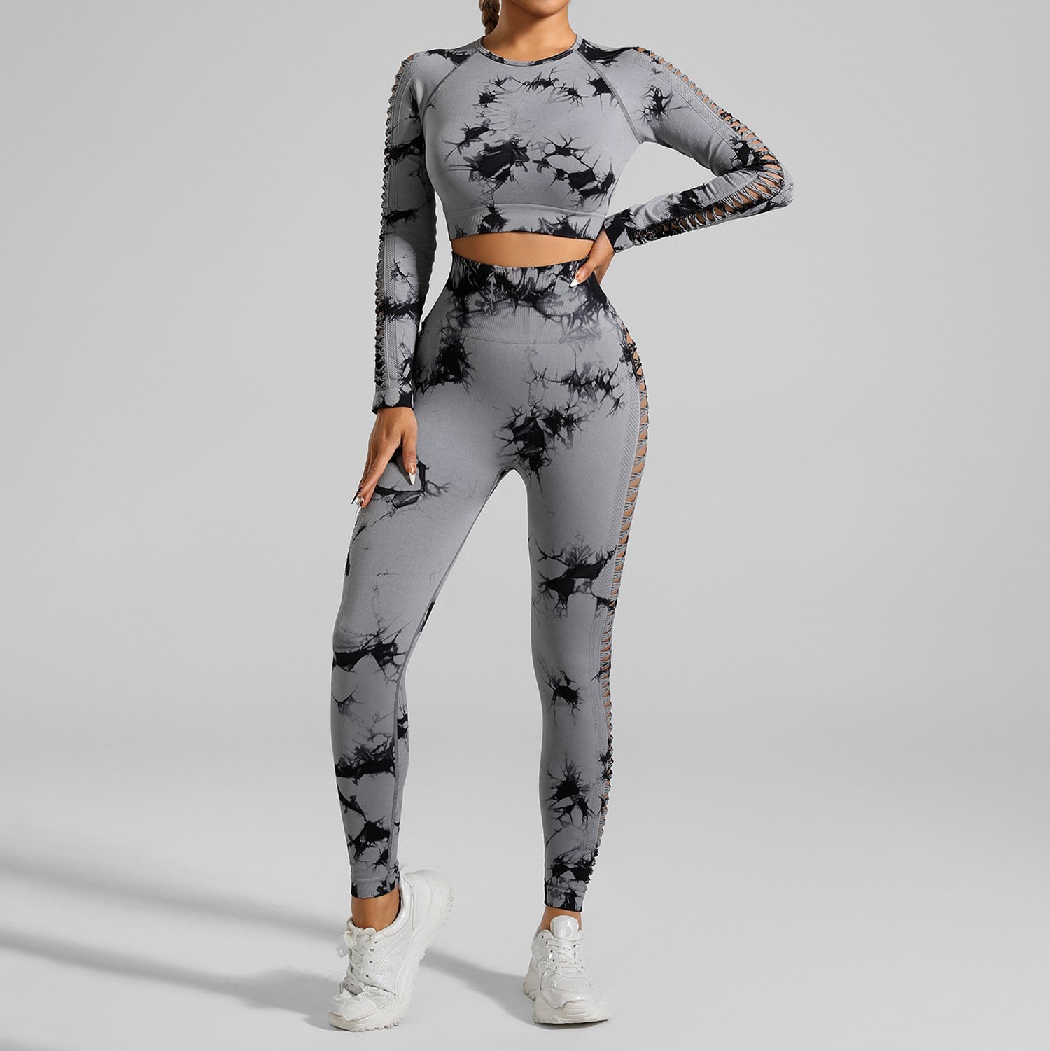 Light gray Tie-Dye Seamless Yoga Set | Long Sleeve Top + High-Waisted Hip Lift Leggings • Euro-US Gym Chic - Image 3