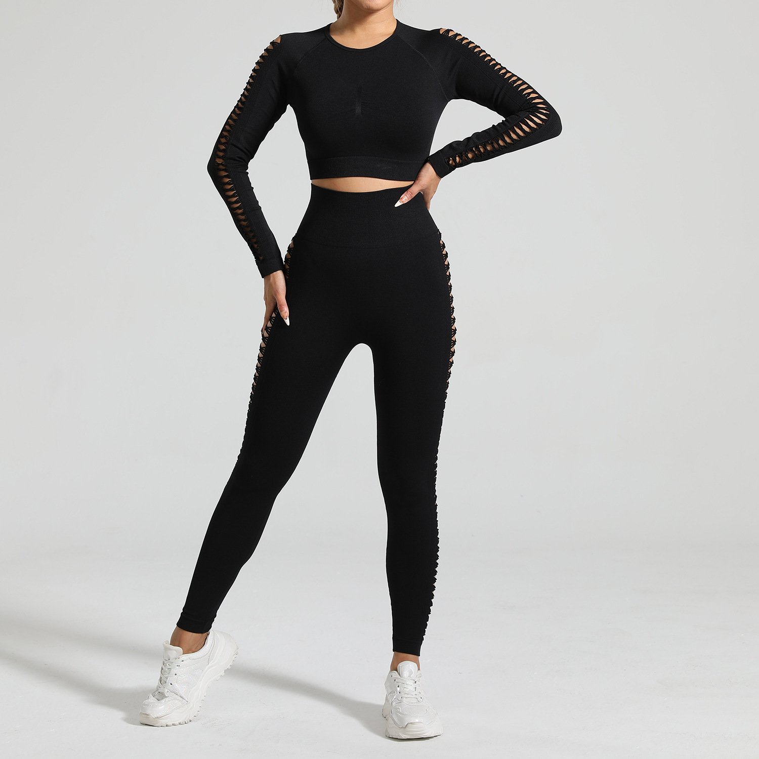 black Tie-Dye Seamless Yoga Set | Long Sleeve Top + High-Waisted Hip Lift Leggings • Euro-US Gym Chic - Image 9