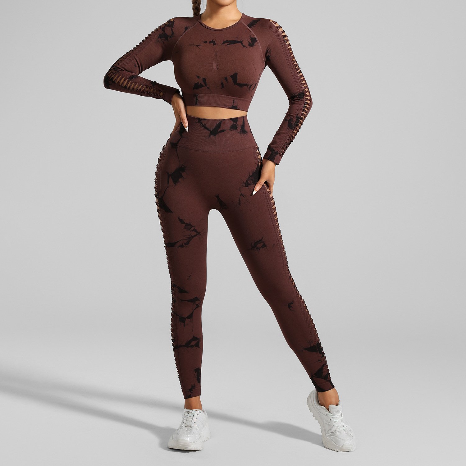 brown Tie-Dye Seamless Yoga Set | Long Sleeve Top + High-Waisted Hip Lift Leggings • Euro-US Gym Chic