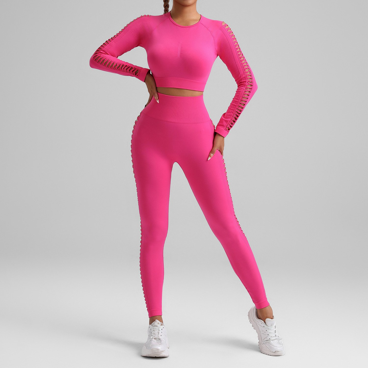 pink Tie-Dye Seamless Yoga Set | Long Sleeve Top + High-Waisted Hip Lift Leggings • Euro-US Gym Chic - Image 6