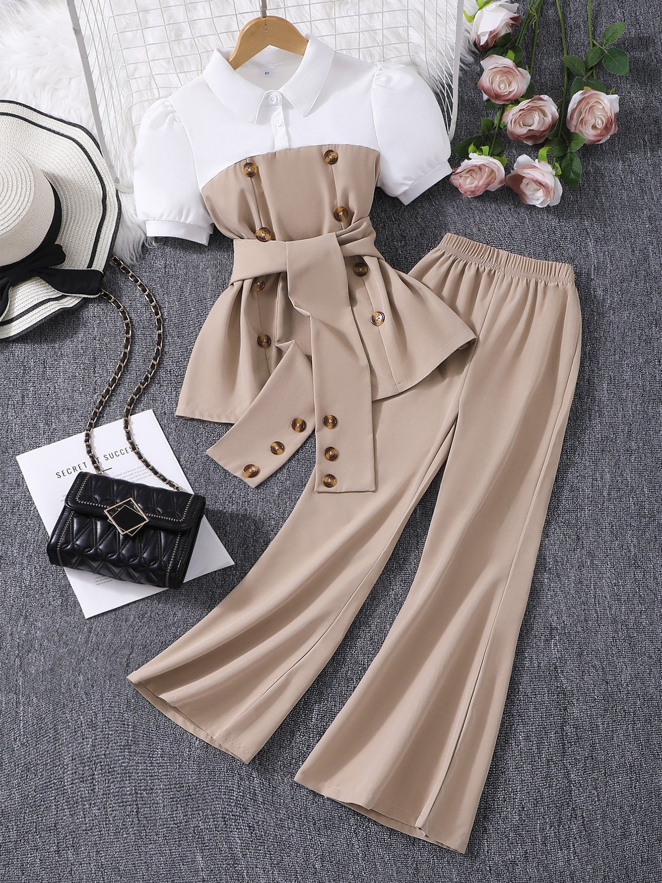 主图-1 Summer Contrast Lapel Puff Sleeve Set | Effortless Elegance – Puff Sleeve Top + Flared Pants Co-Ord