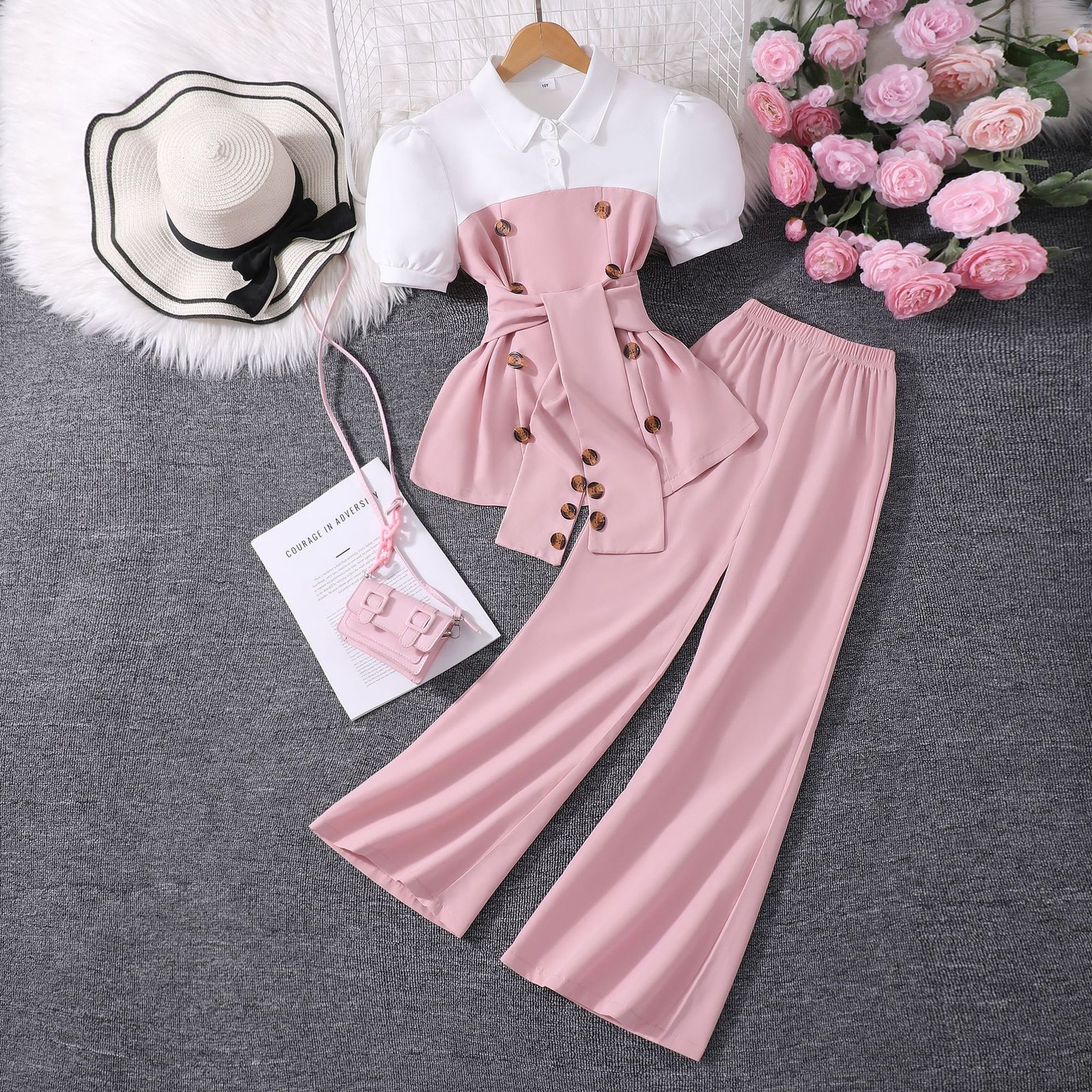 主图-7 Summer Contrast Lapel Puff Sleeve Set | Effortless Elegance – Puff Sleeve Top + Flared Pants Co-Ord - Image 7