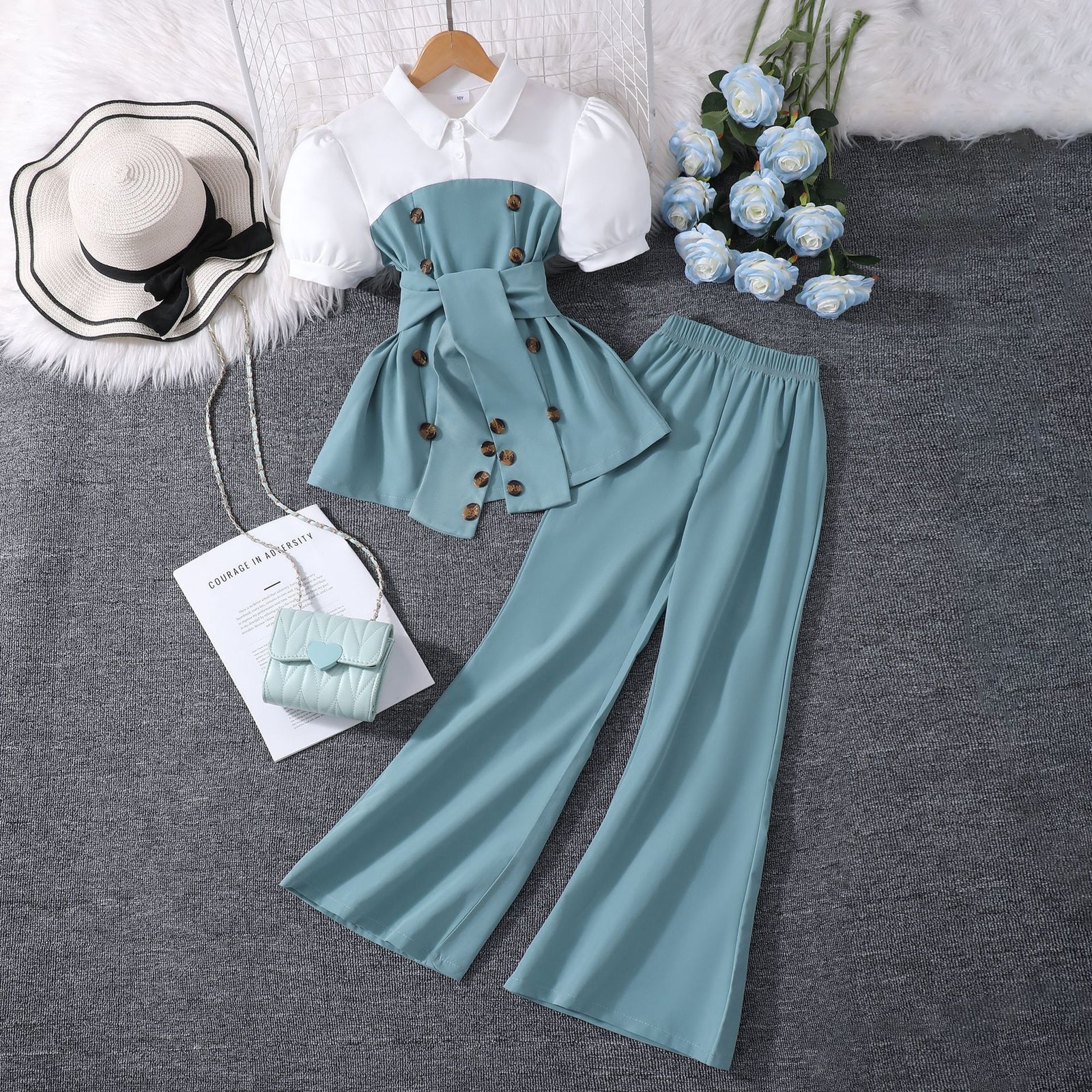 主图-8 Summer Contrast Lapel Puff Sleeve Set | Effortless Elegance – Puff Sleeve Top + Flared Pants Co-Ord - Image 8