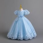 lace dream kids long bubble sleeve princess party dress — elegant lace gown for girls | pahelapride